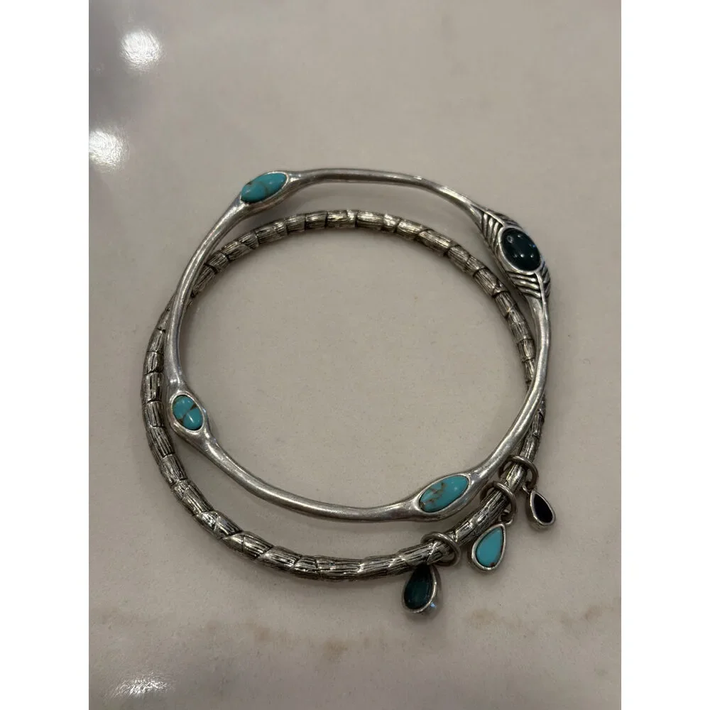 Lucky Brand Bangle Set Silver Faux Turquoise Charm Bracelets One Size